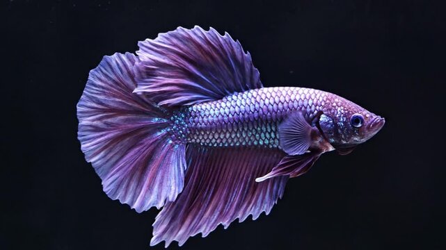 Vibrant purple betta fish swimming in dark water with blue scales shining