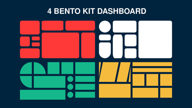 A versatile 4-section bento kit dashboard template in vibrant colors on a dark background. Ideal for wireframing, portfolio layouts, and admin panel interfac