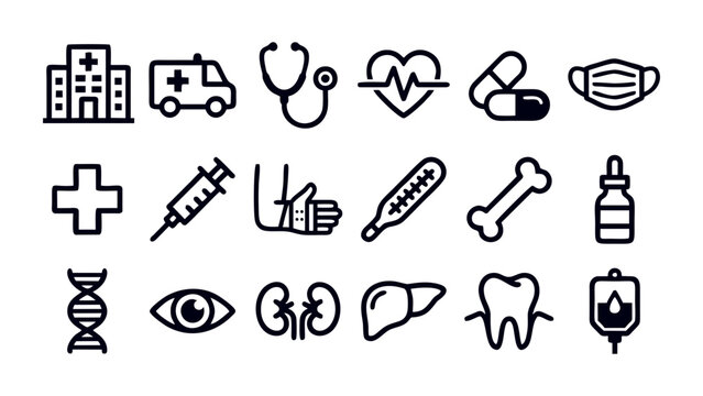 Professional collection of medical icons featuring hospital, ambulance, stethoscope, organs, and dental care. Ideal for health-related digital and print materials.