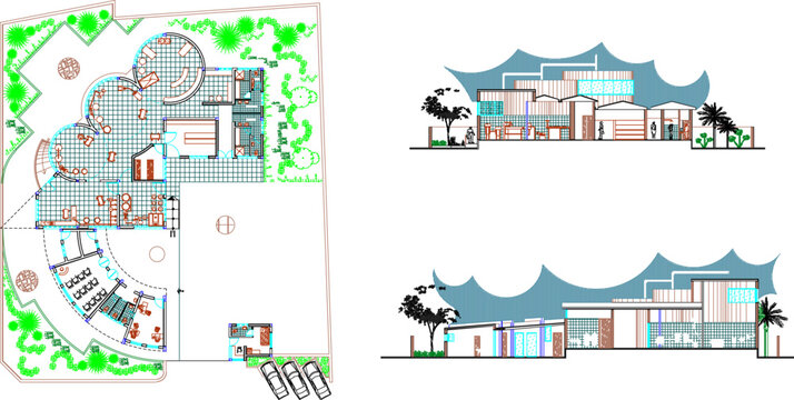 Vector sketch illustration silhouette design of Dairy Plant building construction.Modern minimalist layout section view