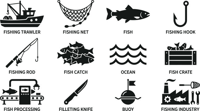 Fishing Industry Icons: Trawler, Net, Fish, Hook, Rod, Catch, Ocean, Crate, Processing, Knife, Buoy
