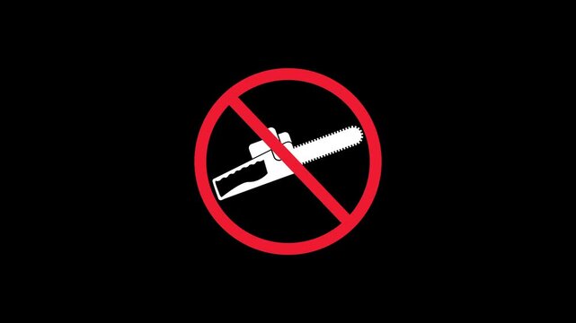 No Chainsaw Sign Animation, Prohibited Tool Warning Symbol. No chainsaw allowed sign animation with red prohibition symbol.
