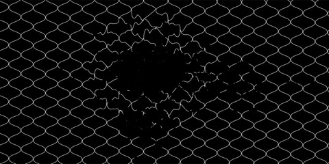 Chain link fence mesh pattern with torn metal texture and broken wire grid for urban industrial background. Damaged security barrier with holes and ripped sections. Black metallic fencing material. © fais