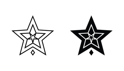 Obraz premium Geometric star icon set with layered internal shapes in dual line art and solid black silhouette styles for decorative graphic elements and festive design themes or award recognition concepts