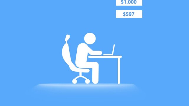 Pictogram men working in office. Pictogram man sits at a table and working at laptop. Man sitting on office chair at desk using laptop computer for work or study.