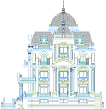 Vector sketch illustration silhouette construction design site plan layout section view building Classic Villa 2d classic vintage ethnic retro 