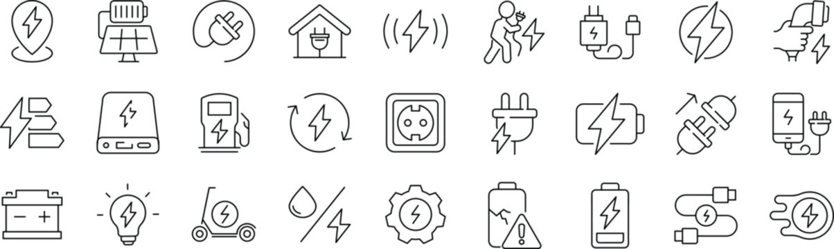 Charging Web Icon Set in Line Style. Editable Stroke. Collection of Electricity Linear Icons, Including wireless charging, charge, energy, socket, battery, charging station, ev, electric car and More.