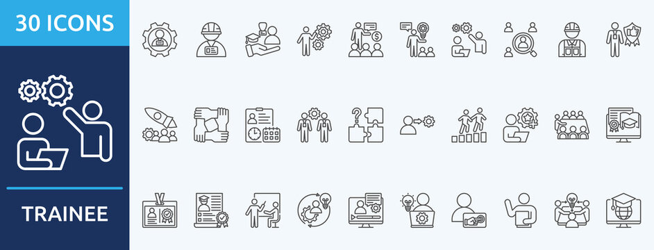 trainee
 - Icon Collection. Thin outline Set contains such Icons as apprenticeship, training worker, university internship, practicing, training, advisor
 and more. Simple web icons set
