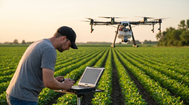 Agricultural expert manages drone with laptop over vibrant green crops, implementing cutting-edge technology for precision farming and sustainable resource management in a rural landscape at sunset