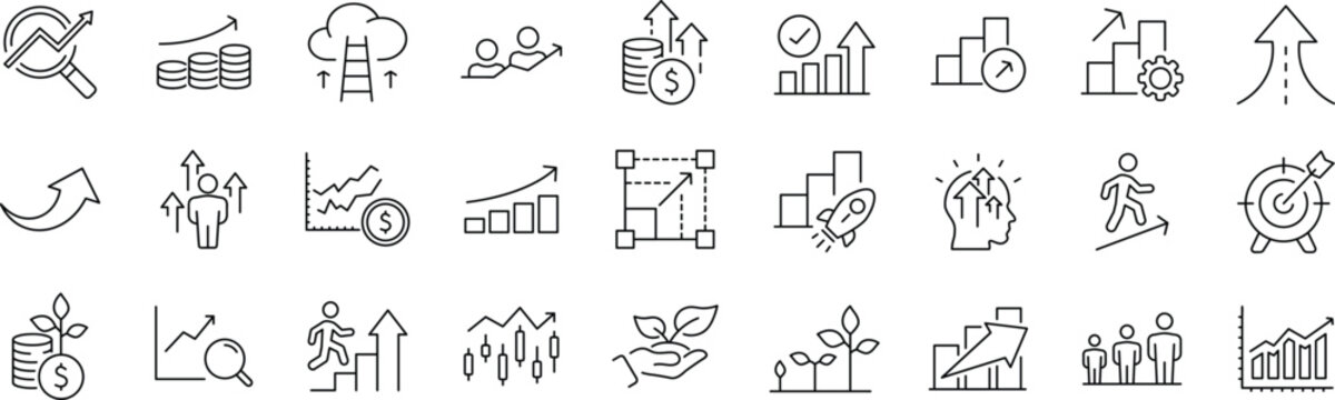 Growth Web Icon Set in Line Style. Editable Stroke. Collection of Upskill Linear Icons, Including professional, personal, financial growth, progress, career, arrows up, goal, development and more.
