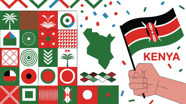 Vibrant Kenya national celebration design featuring a hand holding flag map and cultural geometric patterns