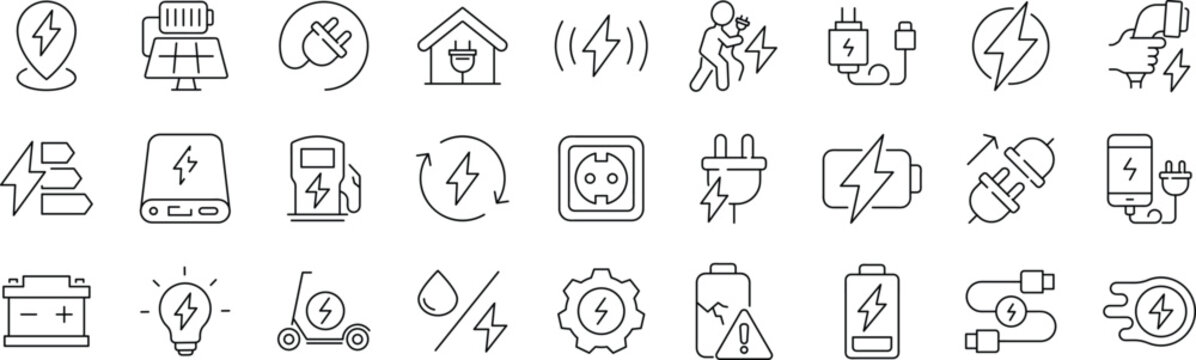Charging Web Icon Set in Line Style. Editable Stroke. Collection of Electricity Linear Icons, Including wireless charging, charge, energy, socket, battery, charging station, ev, electric car and More.