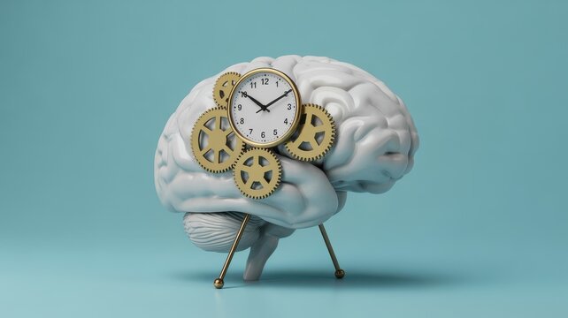 3D render of human brain model with clock face and gold gears on teal background
