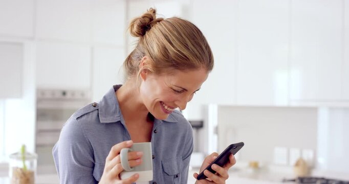 Mobile, smile and woman in kitchen with tea, funny meme or scroll gif on internet forum in morning. Home, beverage or happy person with phone for social media, reading joke or website on weekend