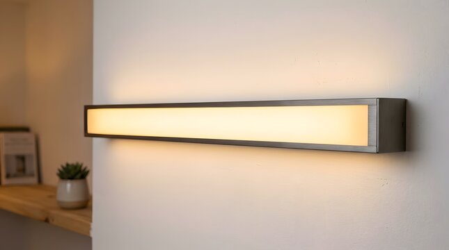 An elongated rectangular light fixture with a metal casing glows softly with a warm yellow illumination on a white surface