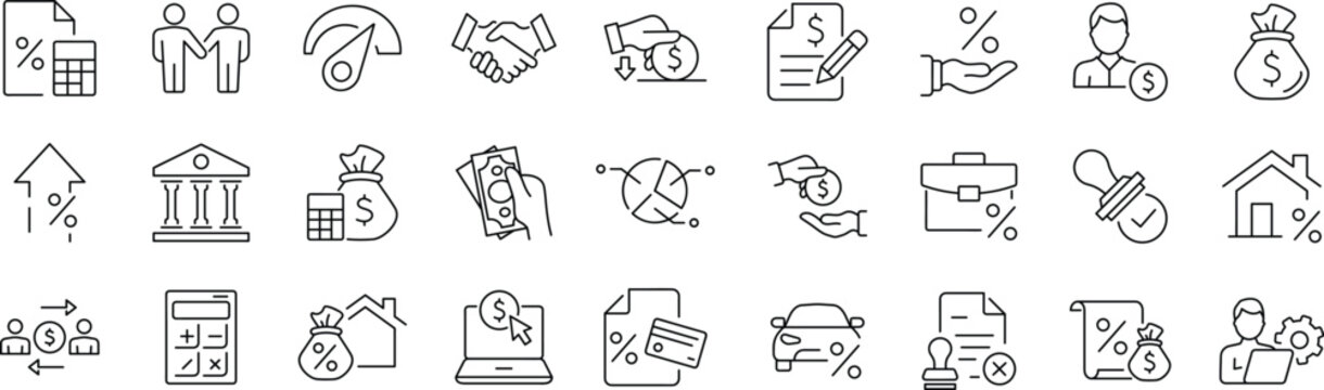 Loan set of web icons in line style. Editable stroke. Loan and Credit linear icon collection. Containing loan, money, credit rating, business, leasing, interest, calculator, income, banking and more.