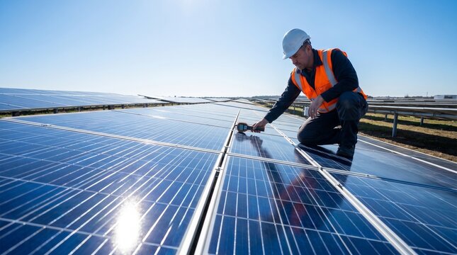 A technician inspects solar panels on a rooftop, highlighting renewable energy and sustainable technology solutions for a greener future