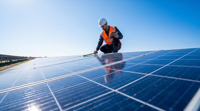 Focused engineer meticulously inspects vast solar panel array, ensuring optimal performance and sustainable energy generation on a large-scale power farm under a clear blue sky