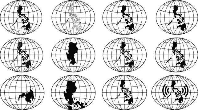 Eine Sammlung von zw&ouml;lf Karten, die die Philippinen in verschiedenen Projektionen und mit unterschiedlichen Hervorhebungen zeigen.