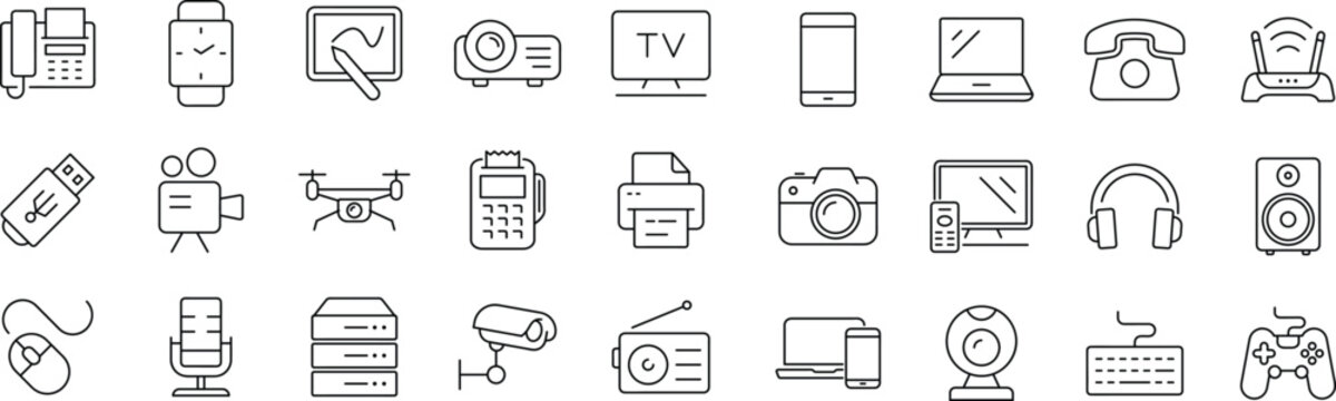 Devices set of web icons. Editable Stroke. Electronic devices and gadgets icons for web and mobile app. Smart devices, technology, computer monitor, smartphone, tablet, laptop, drone.