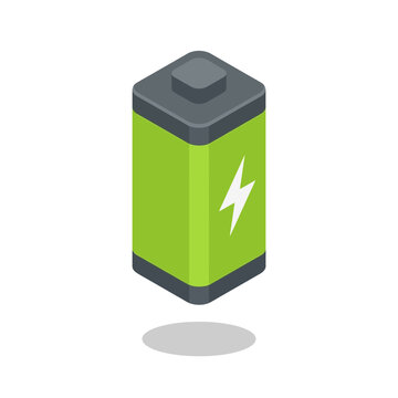Isometric 3D Battery Icon with Lightning Bolt, Energy Concept