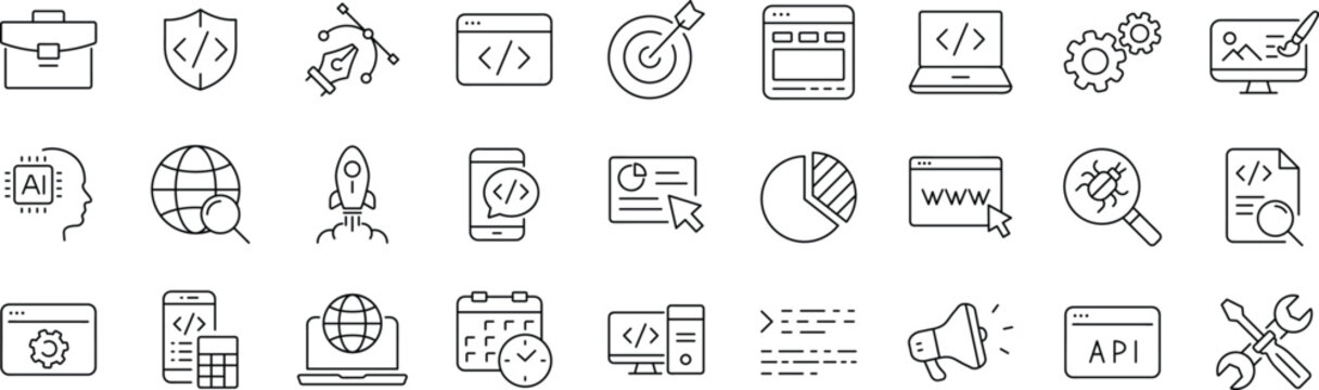 Web development set of web icons. Editable stroke. Developer icons for web and mobile app. Code, api, programmer coding, app, flow, node connect, web coder, bug fix and more. 