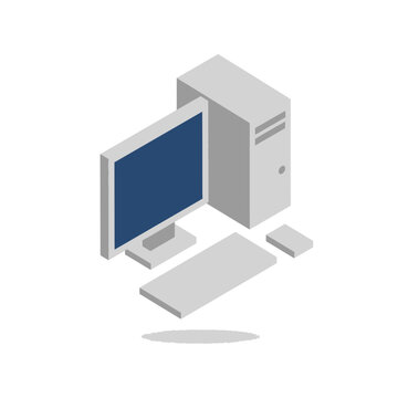 Isometric Computer Icon Set: Desktop, Monitor, Keyboard, Mouse