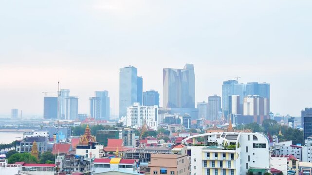 Phnom Penh , Cambodia -26th february, 2024: Phnom Penh urban skyline panorama in Cambodia at dusk, featuring modern skyscrapers like Vattanac Capital and Exchange Square. Cambodian neighborhoods
