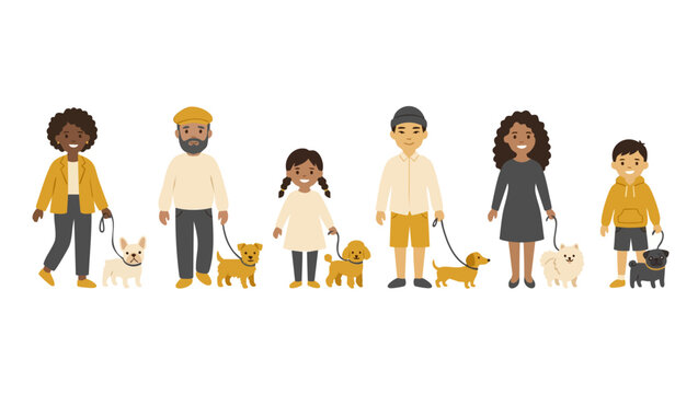 People walking dogs set, diverse group of owners with pets on leashes, flat vector illustration collection for pet care, walking service, community lifestyle, happiness and friendship concept isolated