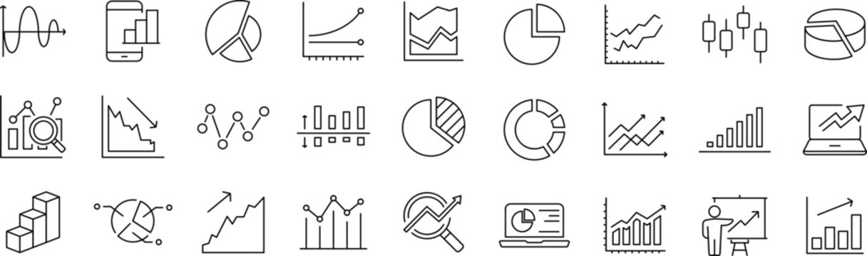 Graphs and Graphs set of web icons. Editable Stroke. Charts and diagram icons for web and mobile app. Business infographic, charts, statistics, growth, growing bar graph and more. Vector illustration