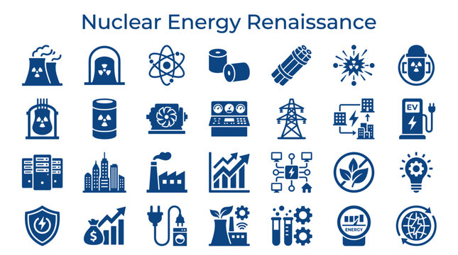 Nuclear Energy Renaissance Icon Set Power Generation Innovation Renewable Future