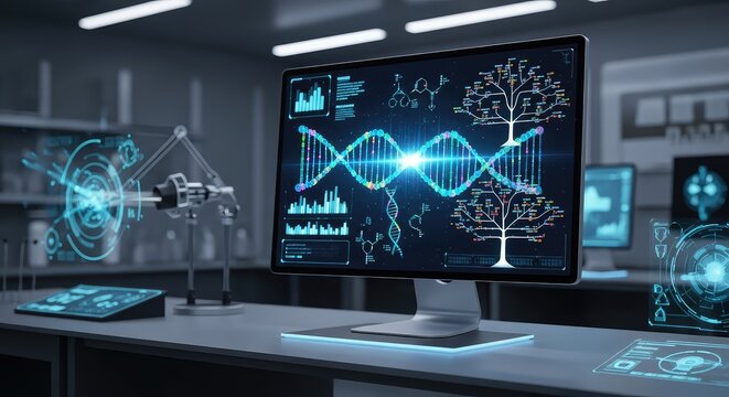A futuristic laboratory setting showing a glowing digital DNA sequence connected to a complex family tree chart on a sleek computer monitor, connection, cold, genealogy