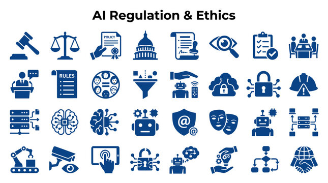 AI Regulation and Ethics Icons representing legal frameworks, policy, and ethical considerations for artificial intelligence development and deployment