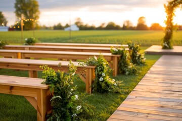 Fototapeta premium Intimate Countryside Wedding Ceremony Setup with Wooden Benches and Soft Greenery