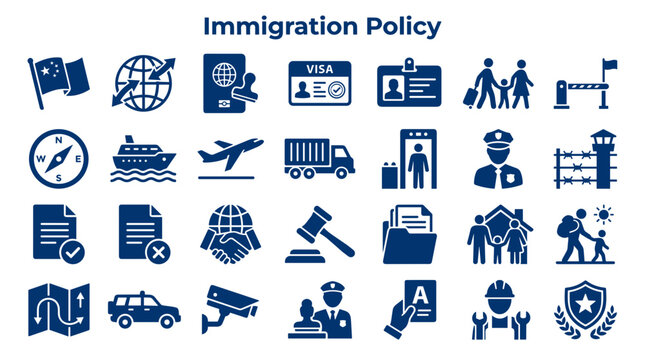Immigration policy icons illustrating global travel legal processes border control and migration concepts