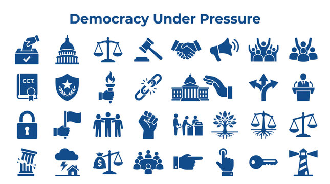 Democracy Under Pressure Icons Representing Challenges to Governance and Citizen Rights
