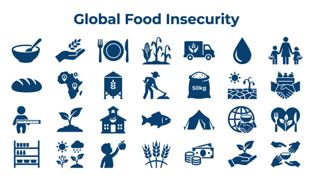 Global Food Insecurity Icons Representing Hunger Crisis and Malnutrition Challenges Worldwide