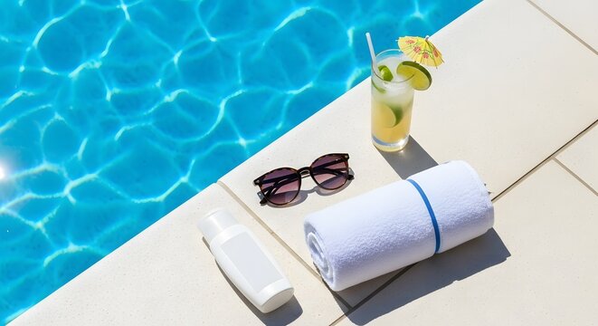 Summer vacation pool essentials with towel, sunglasses, and cocktail on beige tiles beside blue water