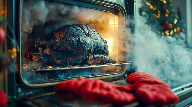 A smoking burnt turkey in the oven during Christmas, a dramatic concept of holiday cooking failure and dinner disaster.