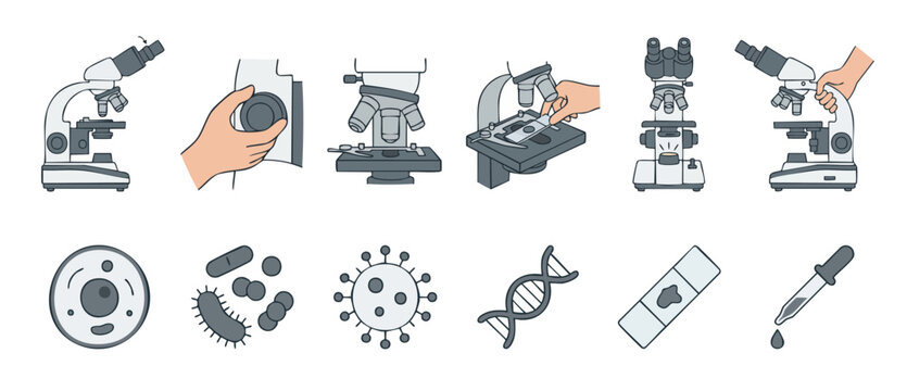 Microscope science icons set, laboratory research equipment and biology analysis tools for medical experiment, scientific study, cell examination, DNA structure and pathogen detection flat vector grap