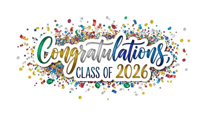 Vibrant celebration graphic featuring colorful confetti and elegant congratulations message for the graduation of the class of