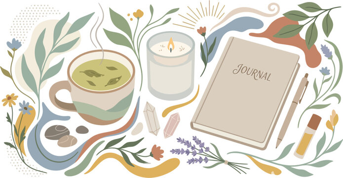 Journal and herbal tea help create a peaceful morning for mindfulness practice.