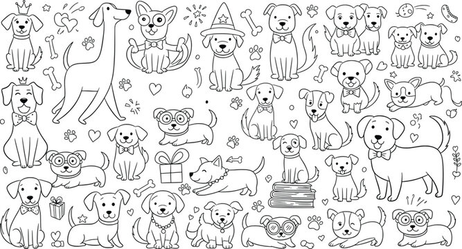 Dog doodle collection featuring various puppy breeds in outline style with funny pet accessories and cute canine character shapes.
