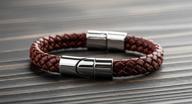 Elegante bracciale in pelle marrone intrecciata con chiusura metallica magnetica posizionato su una superficie di legno rustico scuro, resistente, duraturo, regalo
