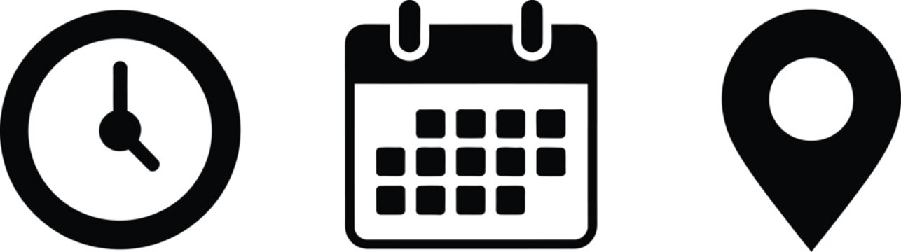 Set of time calendar and map pin icons for website navigation interface vector art.
