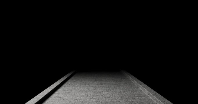 An animation of a path leading to a minimalist white door that opens onto a dark, unfamiliar, and empty room