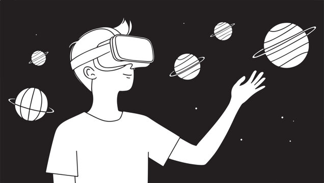Virtual reality space exploration vector illustration, young man wearing VR headset in digital universe, futuristic gaming and education concept