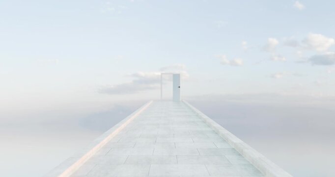 An animation concept showing a figure walking toward a serene, open white door on a minimalist platform against a sky backdrop