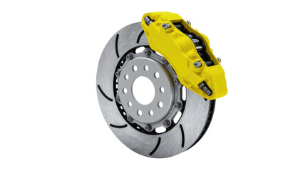 High-performance yellow brake caliper gripping vented rotor, isolated on transparent background © Elena