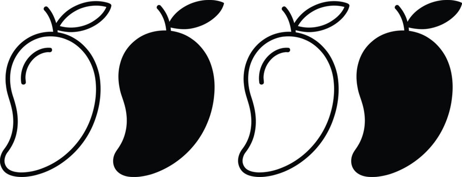 Four stylized depictions of mangoes with varying outlines and fill styles
